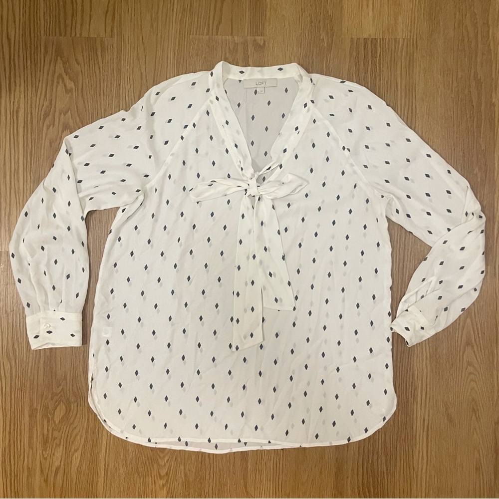 LOFT White Tie Neck Blouse with Diamond Motif, L